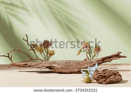 Horizontal composition combining natural stone and dried log, flowers, and wood textures in a soft green studio setting. Product placement