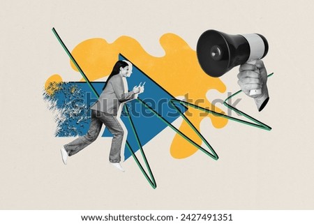 Horizontal contemporary artwork photo collage blue yellow stop war ukraine megaphone promotion proclaim attention on creative background