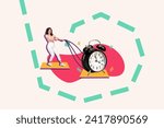 Horizontal contemporary image photo collage with miniature cheerful girl trying to pull giant bell clock on abstract creative background