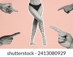 Horizontal contemporary photo collage about beauty standards arms pointing at hair on womans legs body shaming self acceptance