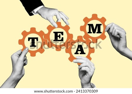 Horizontal creative collage of four hands hold cogwheels together work in team support help organization isolated on beige background