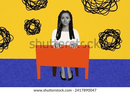 Horizontal creative montage photo collage anxious scared woman overwhelmed bite lips sitting table office workplace on abstract background