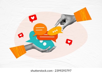 Horizontal creative photo collage of hand give textbox to another arm hold messages like heart concept of conversation social media user on drawing background - Powered by Shutterstock