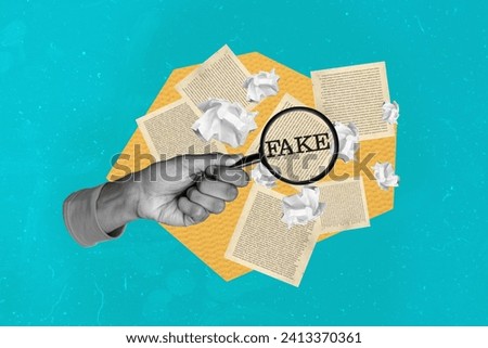 Horizontal creative photo collage of hand hold magnifying glass look at book pages read fake disinformation falsification propaganda