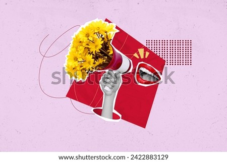 Horizontal creative surreal photo collage of faceless woman red lips smile proclaim megaphone speech with flower bouquet on pink background
