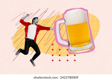 Horizontal drawing photo collage of overjoyed cheerful young miniature guy hold giant pint of beer evening at pub drink alcohol