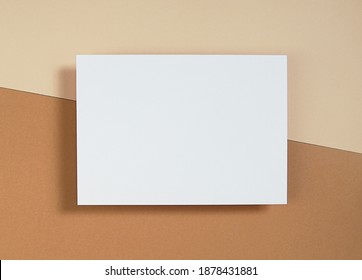 Horizontal Empty Card Mockup, For Invitation, Thank You Card, Greeting Card Design, Blank Paper On Brown Background, Flatly, Top View.