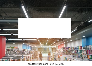 Horizontal Empty Poster With Mockup Space Hanging On Ceiling Of Bookstore Or Library Indoor