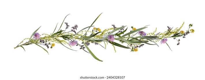 Horizontal floral border. Boho style flower arrangement, floral garland with wildflowers and herbs. Floral element for collage or design, postcards, greeting cards, wedding cards and invitations.  - Powered by Shutterstock