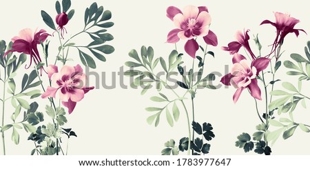 horizontal floral composition with mauve Aquilea flowers and rough leaves in shades of green
