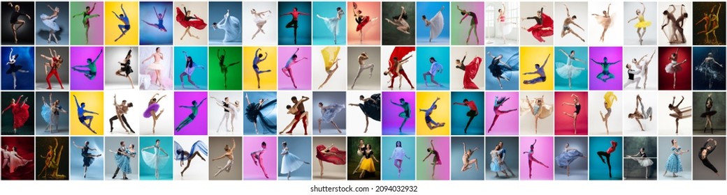 Horizontal flyer with images of female and male ballet dancers in stage costumes dancing isolated on multicolored background in neon light. Concept of art, theater, beauty, aspiration, creativity