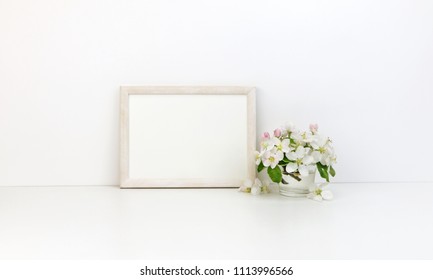 Horizontal Frame Floral Mockup, White Flowers, Styled Stock Photo