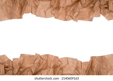 Horizontal Frame Made With Kraft Wrapped Paper Or Baking Parchment Isolated On White Background With Copy Space. Sustainable Packaging Concept, Selective Focus