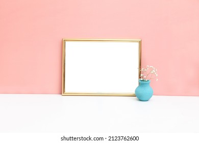 Horizontal Golden Frame On A Table. Wall Art Mockup. Stylized Layout Of A Work Of Art.