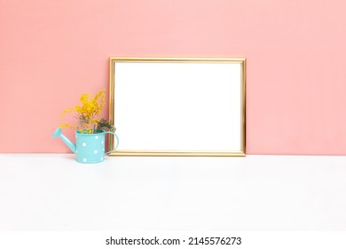 Horizontal Golden Frame On A Table. Wall Art Mockup. Stylized Layout Of A Work Of Art.