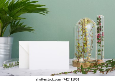 Horizontal Greeting Card Standing On Table Surrounded By Plants