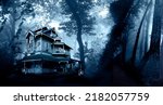 Horizontal Halloween banner with haunted house. Old abandoned house in the night forest. Scary colonial cottage in mysterious forestland. Photo toned in blue color