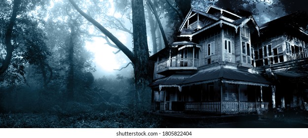 Horizontal Halloween banner with haunted house. Old abandoned house in the night forest. Scary colonial cottage in mysterious forestland. Photo toned in blue color - Powered by Shutterstock