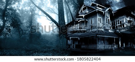 Horizontal Halloween banner with haunted house. Old abandoned house in the night forest. Scary colonial cottage in mysterious forestland. Photo toned in blue color