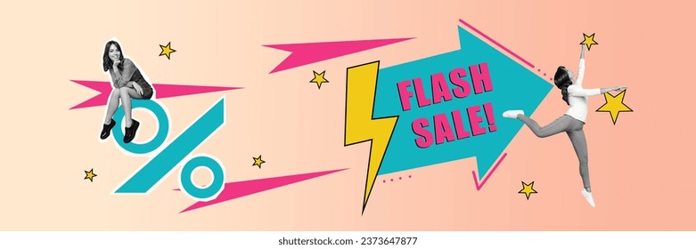 Horizontal illustration collage flash sale advertisement promo percent huge discount comics prices falling isolated on pink background - Powered by Shutterstock