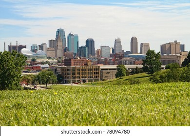 A horizontal image of downtown Kansas City.  Kansas City is one of the largest cities in the Great Plains area