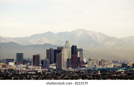 Horizontal Image Of Downtown Los Angeles With Mountains Behind