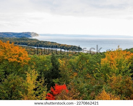 Horizontal image of a Michigan lake and autumn trees on the horizon under a overcast sky