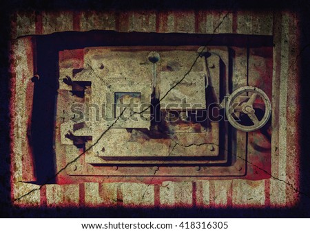 Horizontal image of a rusted tank hatch.