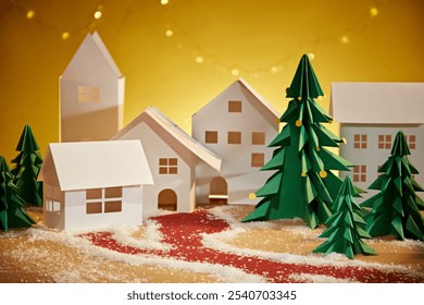 Horizontal image template with winter theme, shows the paper houses placed side by side, next to green paper pine trees placed on a snow-covered surface, golden background with colorful LED strings.