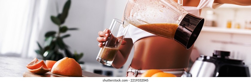 Horizontal Image Woman Pouring Smoothie