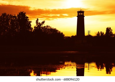Horizontal lighthouse sunset landscape background