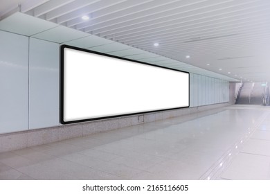 Horizontal Long Mock Up Of Blank Advertising Billboard Poster Template In A Long Tunnel Walkway; Out-of-home OOH Media Display Space Mockup In Pedestrian Underpass; Digital Display