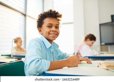 Horizontal low angle medium close up portrait of happy mixed-race boy with kinky hair sitting at school desk looking at camera smiling, copy space