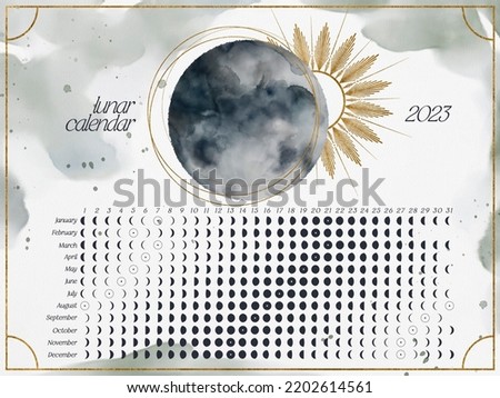 Horizontal Lunar Calendar of 2023 for Northern Hemisphere. Moon calendar with watercolor lunar phases and golden celestial elements. High quality poster