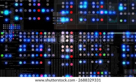 Horizontal macro shot of a luminous data matrix with multicolor dots and code fragments, illustrating data analysis, computing processes and cyber technology.