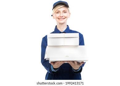 Horizontal Medium Portrait Of Modern Beautiful Caucasian Postal Worker Wearing Blue Uniform Delivering Boxes, White Background