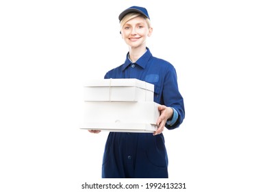 Horizontal Medium Portrait Of Modern Beautiful Caucasian Postal Worker Wearing Blue Uniform Delivering Boxes, White Background