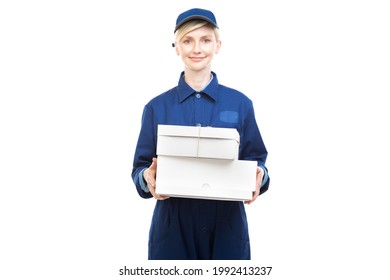 Horizontal Medium Portrait Of Modern Beautiful Caucasian Postal Worker Wearing Blue Uniform Delivering Boxes, White Background