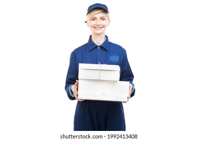 Horizontal Medium Portrait Of Modern Beautiful Caucasian Postal Worker Wearing Blue Uniform Delivering Boxes, White Background