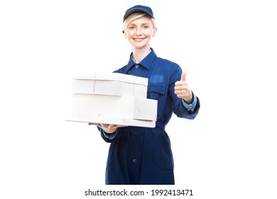 Horizontal Medium Portrait Of Modern Beautiful Caucasian Postal Worker Wearing Blue Uniform Delivering Boxes, White Background