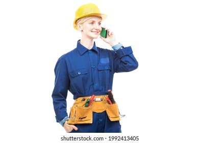 Horizontal Medium Portrait Of Modern Professional Female Construction Worker Wearing Blue Uniform Talking On Phone, White Background