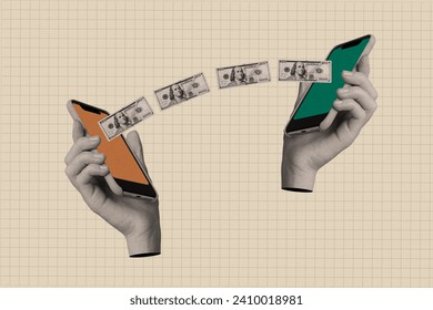 Horizontal minimal photo collage surreal two hands hold smartphones send money instant payment income on creative background - Powered by Shutterstock