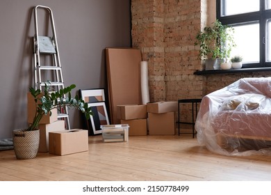 Horizontal No People Shot Of Empty Loft Living Room In Modern Apartment With Boxes, Sofa And Ladder