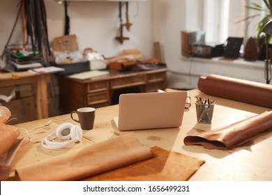 Horizontal No People Shot Of Modern Leather Craft Workshop Room Interior, Daytime