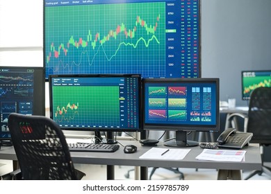 Horizontal No People Shot Of Stock And Currency Trading Agents Workspace With Desktop Computers And Various Monitors In Modern Office Interior