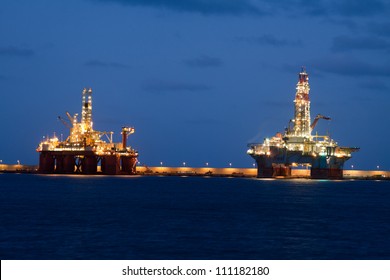 Horizontal Oil Drilling Platforms At Night In Canary Islands