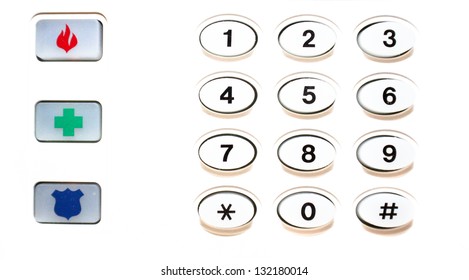 Horizontal Orientation Close Up Of Security Keypad And Symbols For Fire, First Aid And Police With Plenty Of White Copy Space / Protection Begins At Home