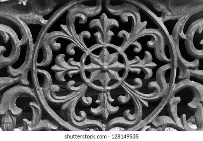 Horizontal Orientation Close Up Of Vintage Wrought Iron With Circular Pattern And Scroll Work / Vintage Tennessee