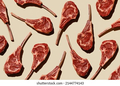 Horizontal Pattern of Raw fresh meat Tomahawk Steak on beige background flatlay food