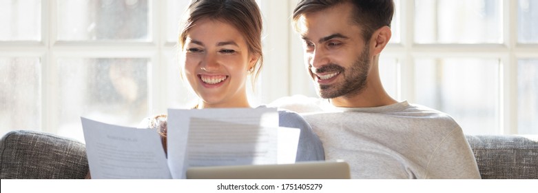 Horizontal Photo Banner For Website Header Design Couple Sit On Sofa Read Documents Paper, Check Bank Account Balance Feels Satisfied, Growing Incomes, Last Loan Payment, Good Financial News Concept